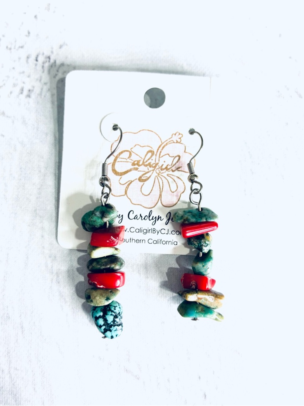 Turquoise & Red Stone Stack Dangle Earrings